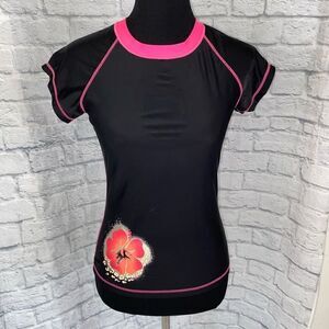Hobie pullover swim shirt with side floral shimmer design black & pink M